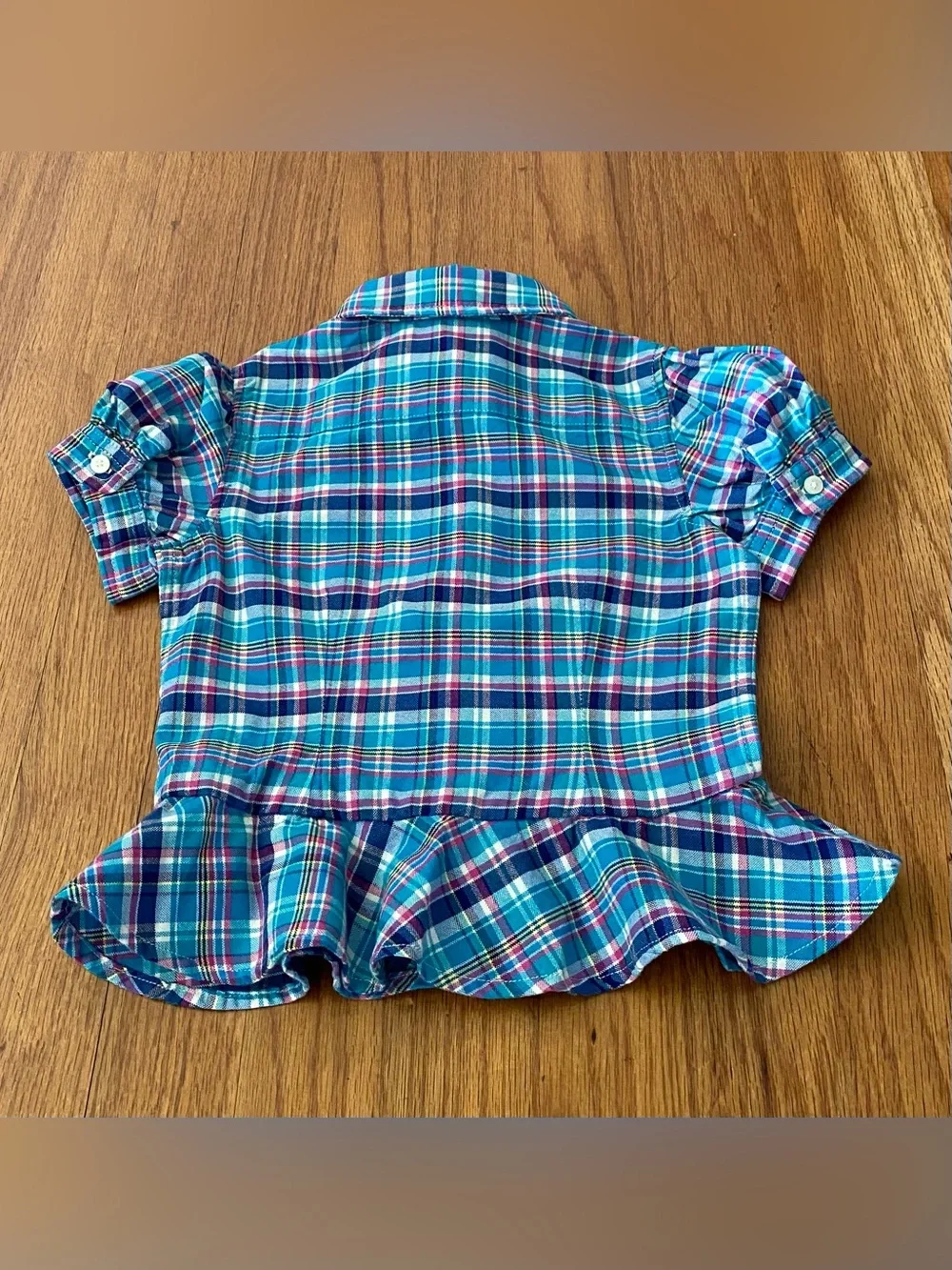 Ralph Lauren Blue Teal Pink Plaid Cotton Peplum  Shirt